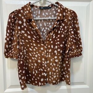 Zara Brown and White Patterned Blouse